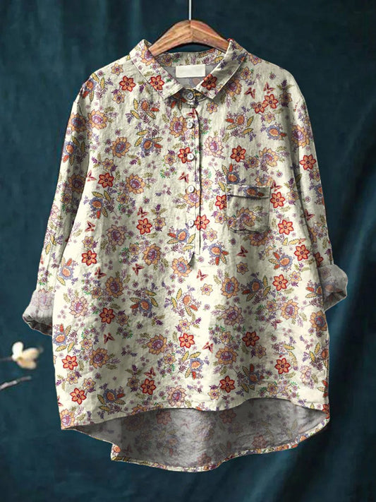 Women's Floral Art Print Casual Cotton And Linen Shirt