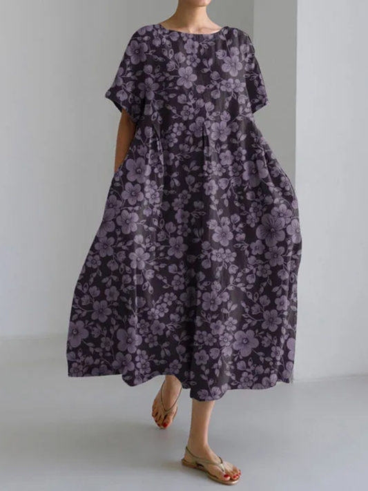 Vintage Flower Print Crew Neck Short Sleeve Loose Midi Dress