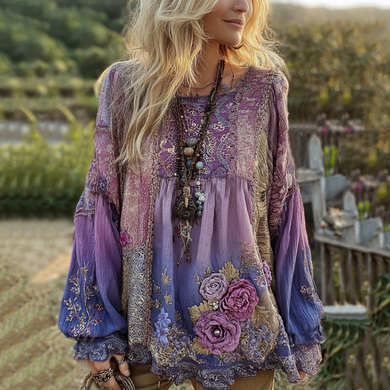 Classy Vintage Floral Splicing Cotton And Linen Long Sleeve Shirt