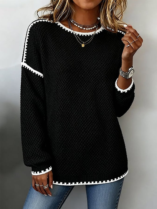 Women'S Casual Round Neck Contrast Color Knitted Top 