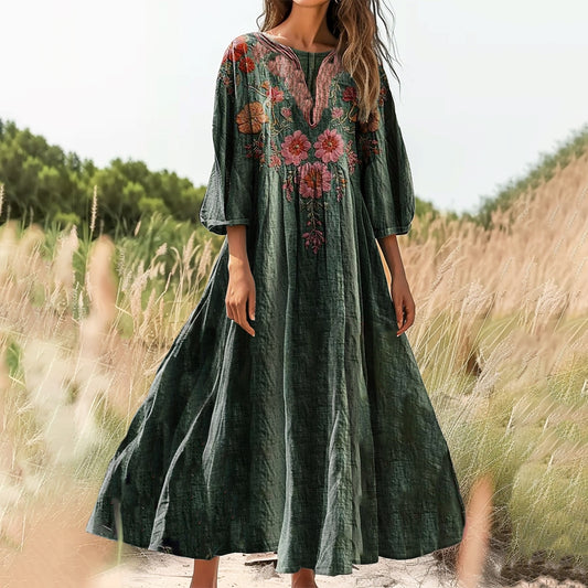 Women's Vintage Floral Pattern Art Print Cotton Crew Neck Dresses