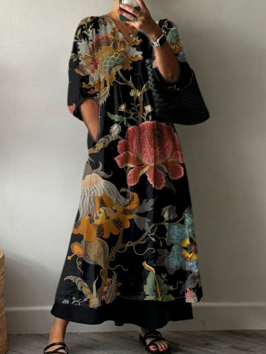 Women'S Vintage Rose Floral Pattern Cotton Dress
