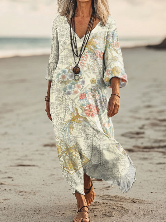 Women's Floral Embellished Pattern Art Print Pocket Cotton Dress