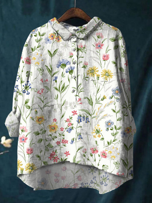 Colorful Watercolor Daisy Print Cotton And Linen Shirt