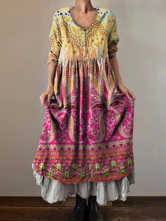Women's Vintage Ethnic Tattoo Pattern Art Print V-Neck Button Pocket C