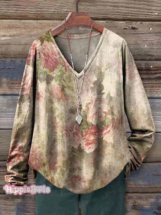 Women's Rose Floral Art Print 100% Cotton Casual V-neck Long Sleeve Sh