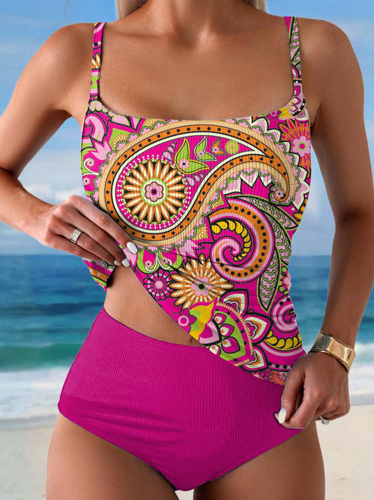 Women's Bohemian Floral Print Summer Beach Halter Top And Solid Color Triangle Briefs Tankini Set