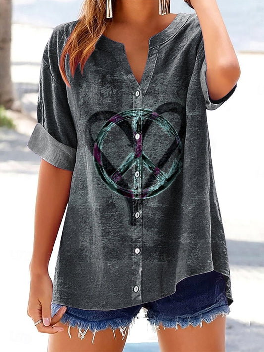 Women's Retro Hippie Peace Heart Art Print Casual Short Sleeve Cotton