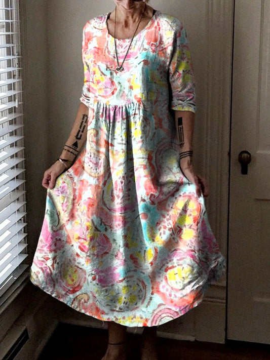 Women's Hippie Art Floral Print Crew Neck Dress