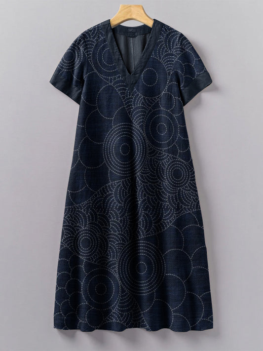 Vintage Japanese Traditional Sashiko Art Pattern Painting V-Neck Dress