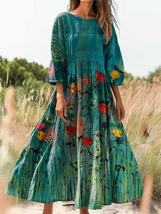 Women's Floral Art Print Cotton Crew Neck Dress