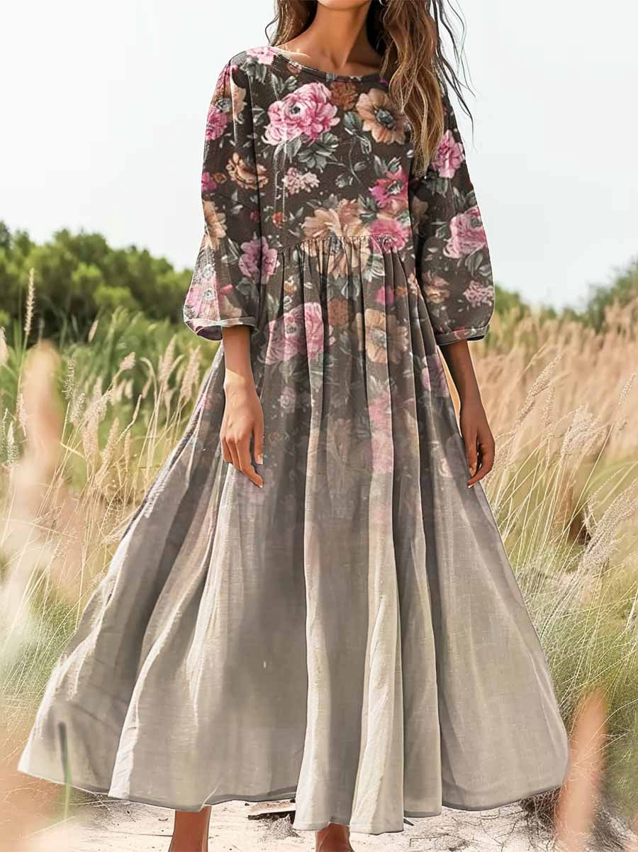Women's Retro Gradient Floral Art Print Flowy Cotton Crew Neck Dress
