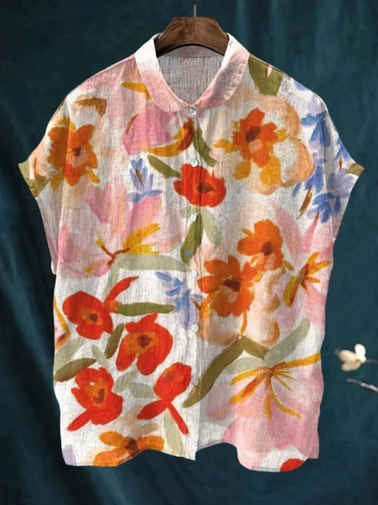 Women's Vintage Botanical Floral Print Casual Cotton Linen Shirt