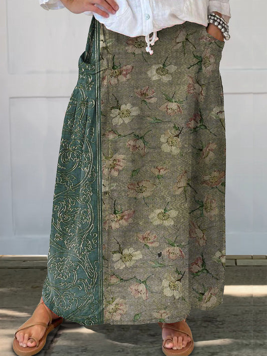 Women's Vintage Ethnic Floral Art Print Linen Pocket Skirt