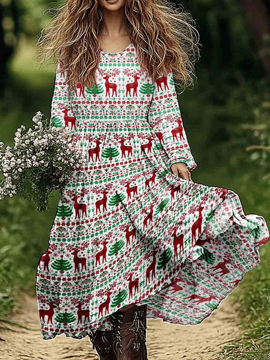 Women's Christmas Geometric Elk Floral Pattern Cotton and Linen Dresse