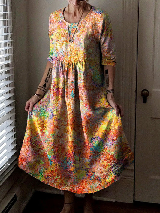 Women's Hippie Art Floral Print Crew Neck Dress