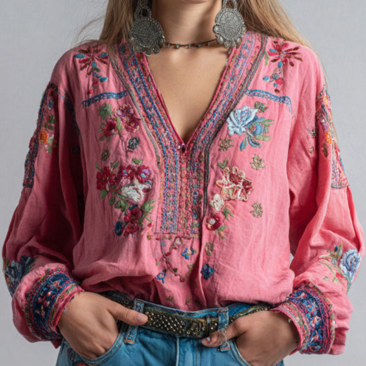 Women's Retro Ethnic Pink Awareness Flower Embroidery Printed Top