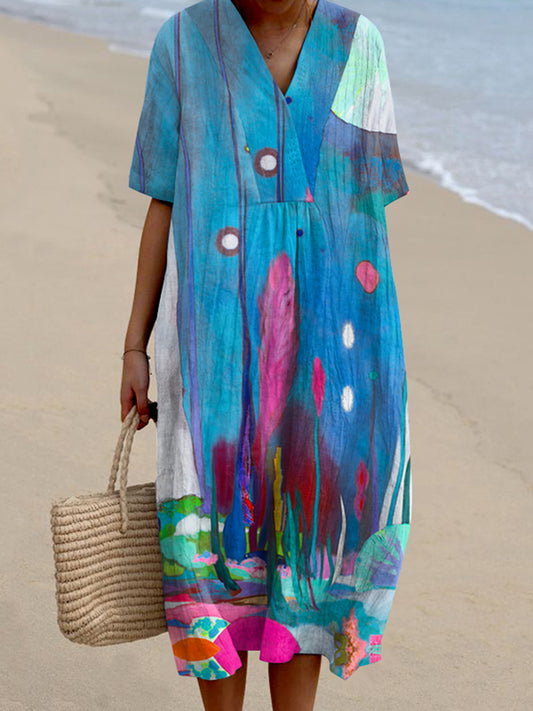 Abstract Floral V-Neck Dress