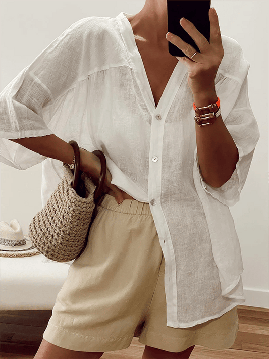 Women's Solid Color Loose Casual V-Neck Shirt