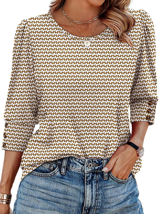 Women's casual three-quarter sleeve buttoned round neck T-shirt 