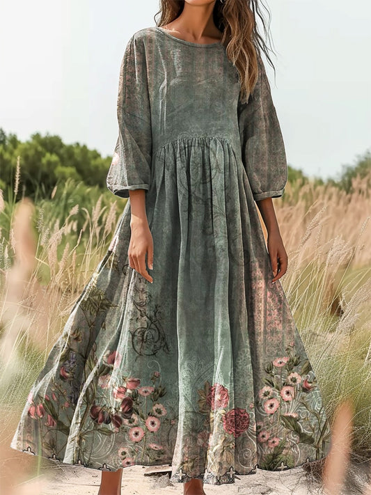 Women's Vintage Ethnic Floral Print Flowy Cotton Crew Neck Dress