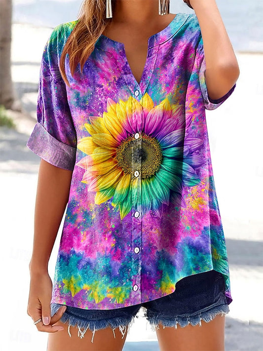 Women's Colorful Tie-Dye Sunflower Pattern Art Printed Cotton and Line