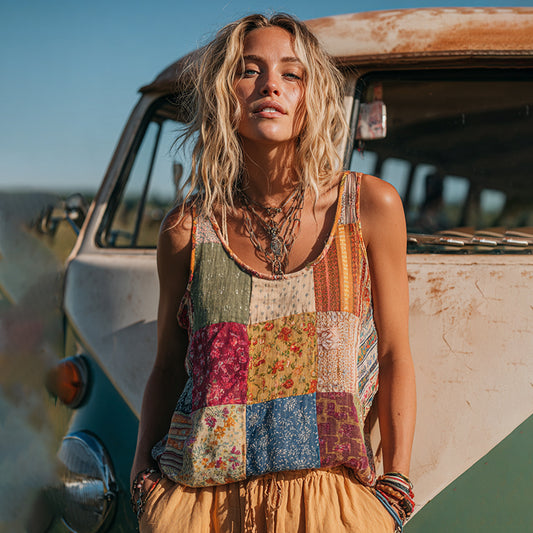 Countryside Style Collection Classy Patchwork Floral Pattern Art Linen Tank Top