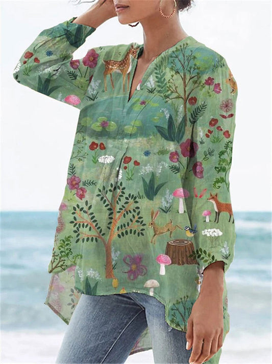 Women's Vintage Lovely Woodland Animals Art Print Casual Linen V-neck Shirt