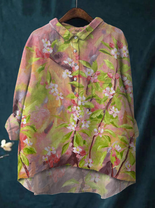 Flower Oil Painting Printed Cotton And Linen Shirt
