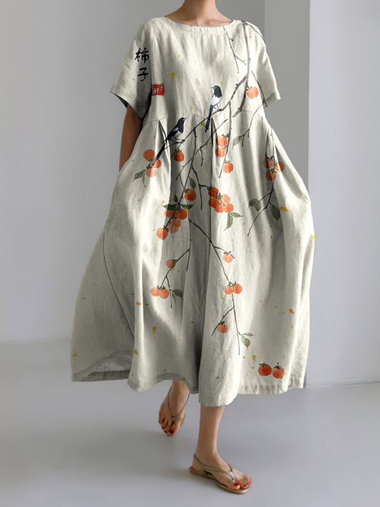 Japanese Art Persimmon Linen Blend Short Sleeve Maxi Dress
