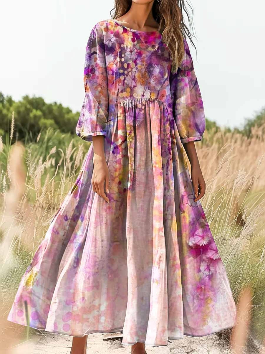 Women's Gradient Floral Art Print Flowy Cotton Crew Neck Dress