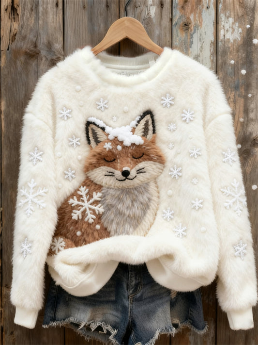 Fuzzy Fox In The Snow Snowflakes Cozy Plush Sweatshirt