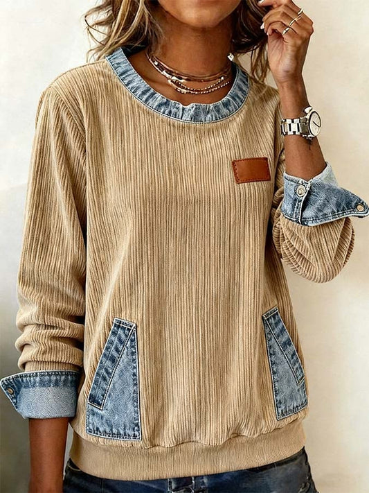 Women'S Casual Contrast Color Denim Patchwork Long-Sleeved Top 