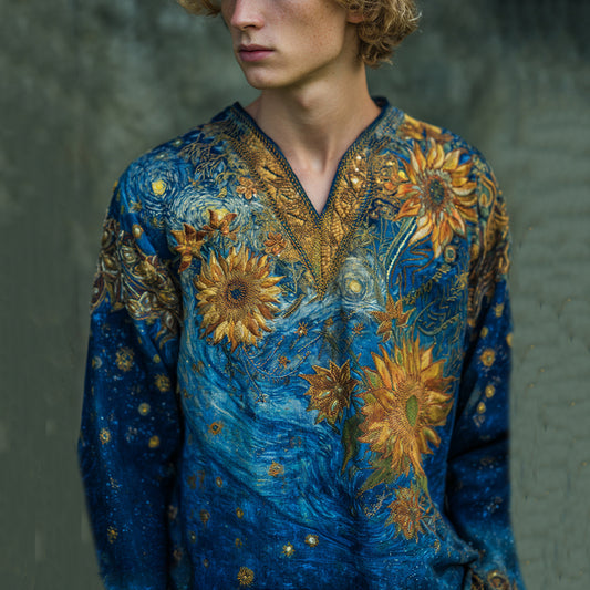 Men's Oil Painting Sunflower And Starry Night Embroidery Linen V-neck Loose T-shirt