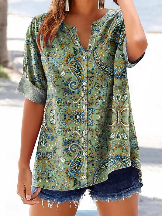 Women's Vintage Ethnic Floral Art Printed Casual Short Sleeve Cotton a