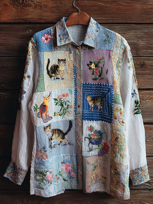 Boho Floral & Cats Embroidery Art Women's Linen Long Sleeve Shirt