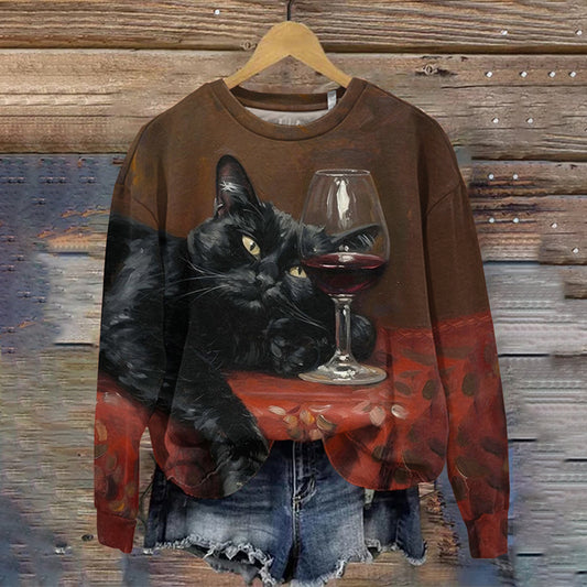 Women's Cat Drinking Red Wine Art Print Round Neck Casual Sweatshirt