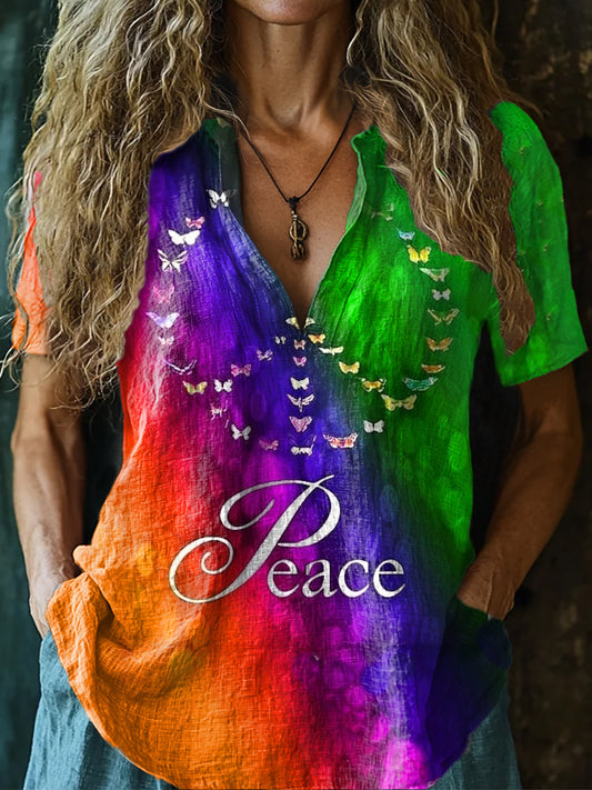 Women's Tie-Dye Love Peace Hippie Pattern Art Print Casual Short Sleev