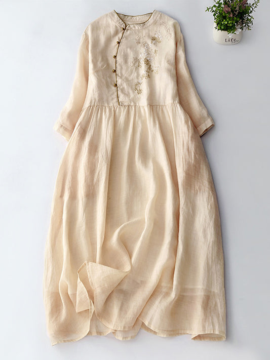 Vintage Japanese Art Embroidery Button Cotton Linen Maxi Dress