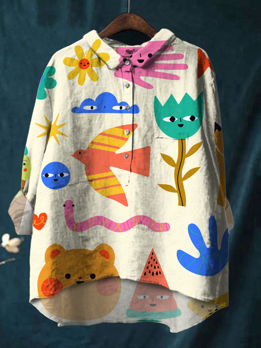 Elegant Watercolor Floral Print Cotton And Linen Shirt