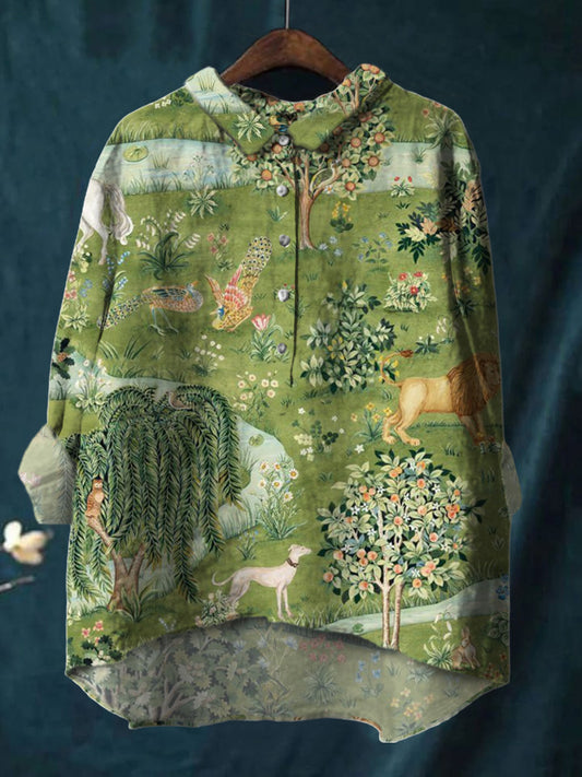 Colorful Watercolor Tree Print Cotton And Linen Shirt