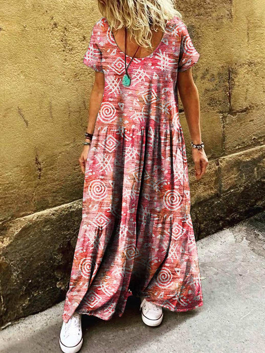 Women's Ethnic Tribal Art Painting Printed Round Neck Short Sleeve Dre