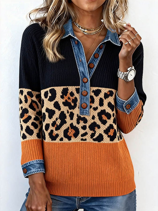 Women'S Contrast Leopard Print Knitted Lapel Top 