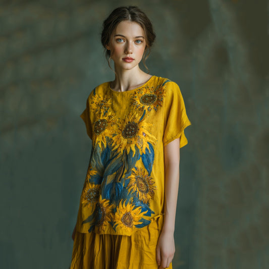 Sunflower Hand-beaded Embroidery Oil Painting Style Linen T-shirt