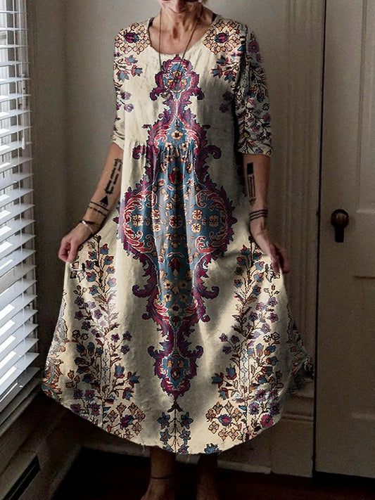 Women's Ethnic Floral Pattern Art Print Pocket Cotton Dresses