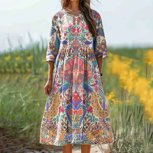 Chic Round Neck 3/4 Sleeve Midi Dress