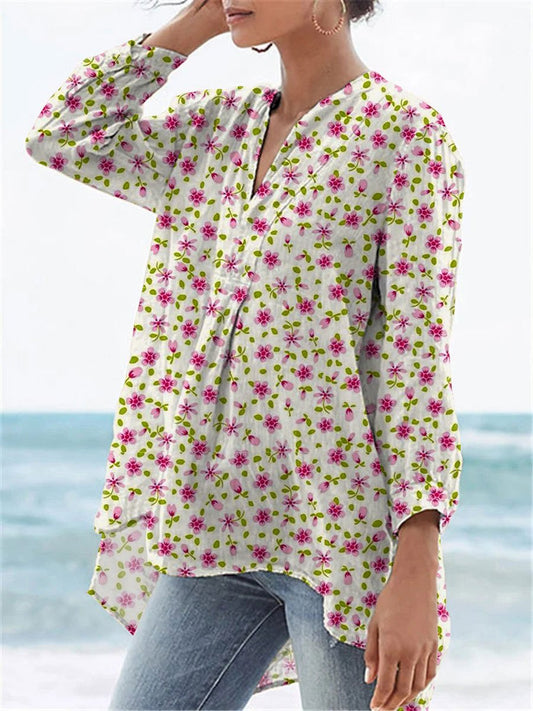 Small Pink Summer Floral Pattern Printed Women's Casual Linen V-Neck Shirt