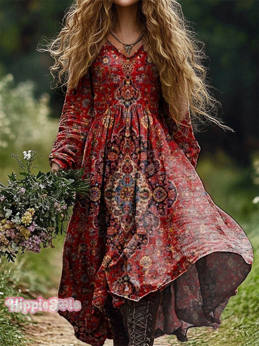 Women's National Floral Art Pattern Print V Neck Pocket Cotton Dress