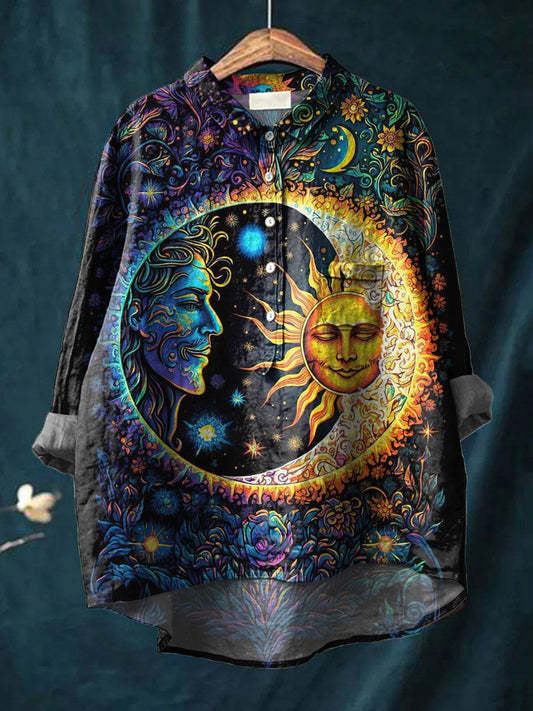 Vintage Lovely Sun And Moon Art Print Casual Cotton And Linen Shirt