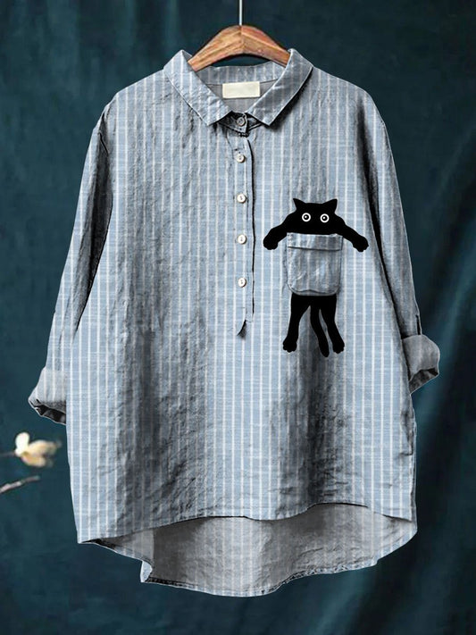 Women's Black Cat Stripe Art Print Casual Cotton And Linen Shirt